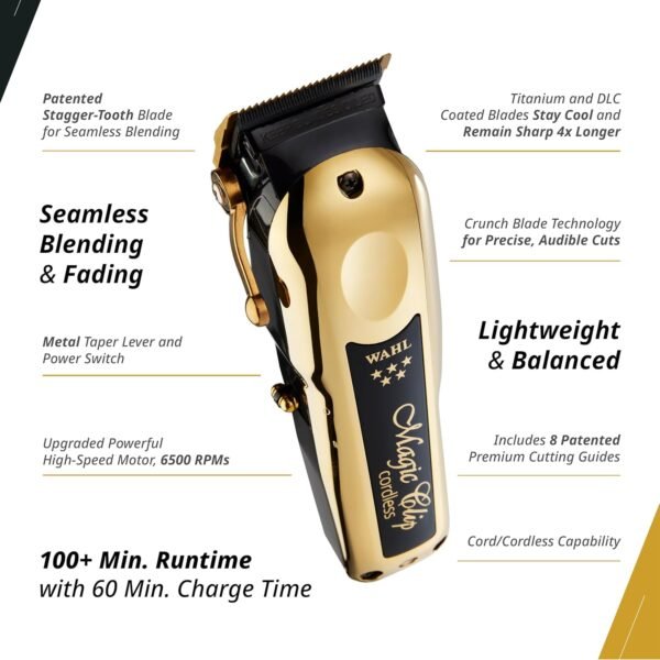 Wahl Professional 5 Star Cordless Magic Clip Gold, High-Performance Hair Clipper with 100+ Minute Run Time, Lithium Ion, Gold - Image 4