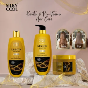Silky Cool Keratin & Pro-Vitamin B5 Haircare Set – Sulfate-Free Shampoo, Conditioner & Hair Mask for Dry, Damaged & Color-Treated Hair – Nourishing, Strengthening & Shine-Boosting – Made in UAE (500ml x 3)
